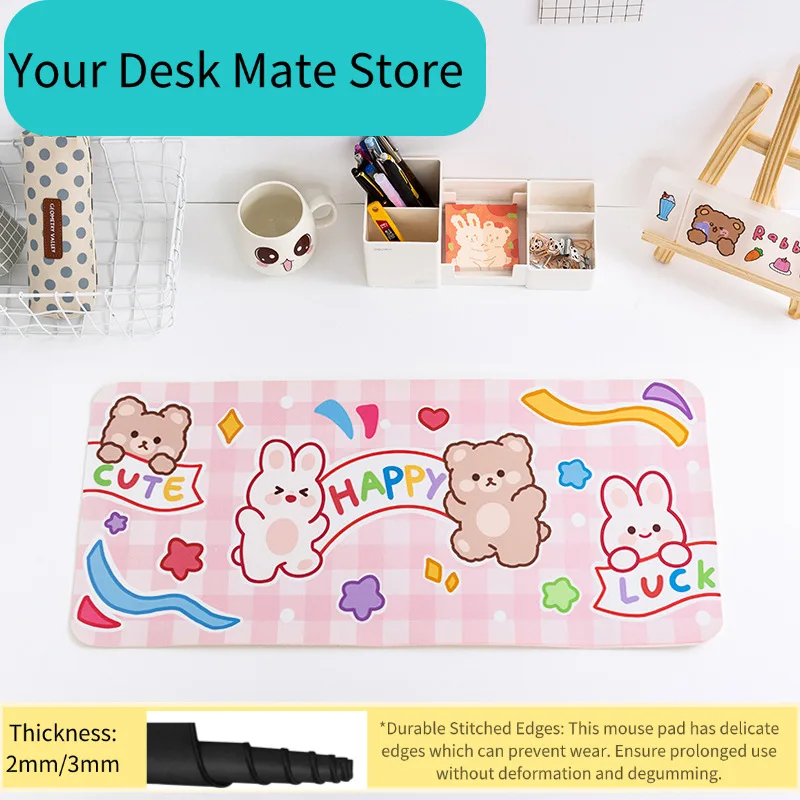 

Розовый игровой коврик для мыши с рисунком медведя и кролика в клетку, удлиненный, кавайный настольный коврик, нескользящий коврик для клавиатуры