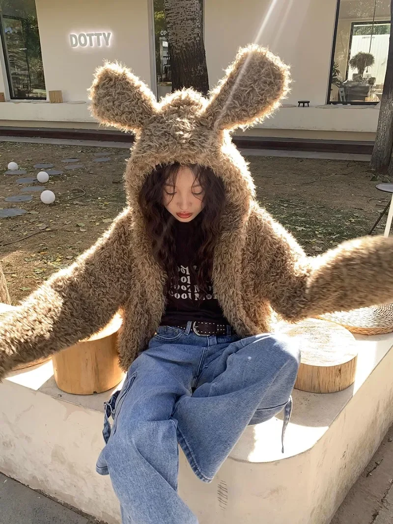 Japanese Autumn and Winter Homemade Cute Loose Thickened Lazy Wind Rabbit Ears Imitation Fur Short Hooded Plush Coat For Women