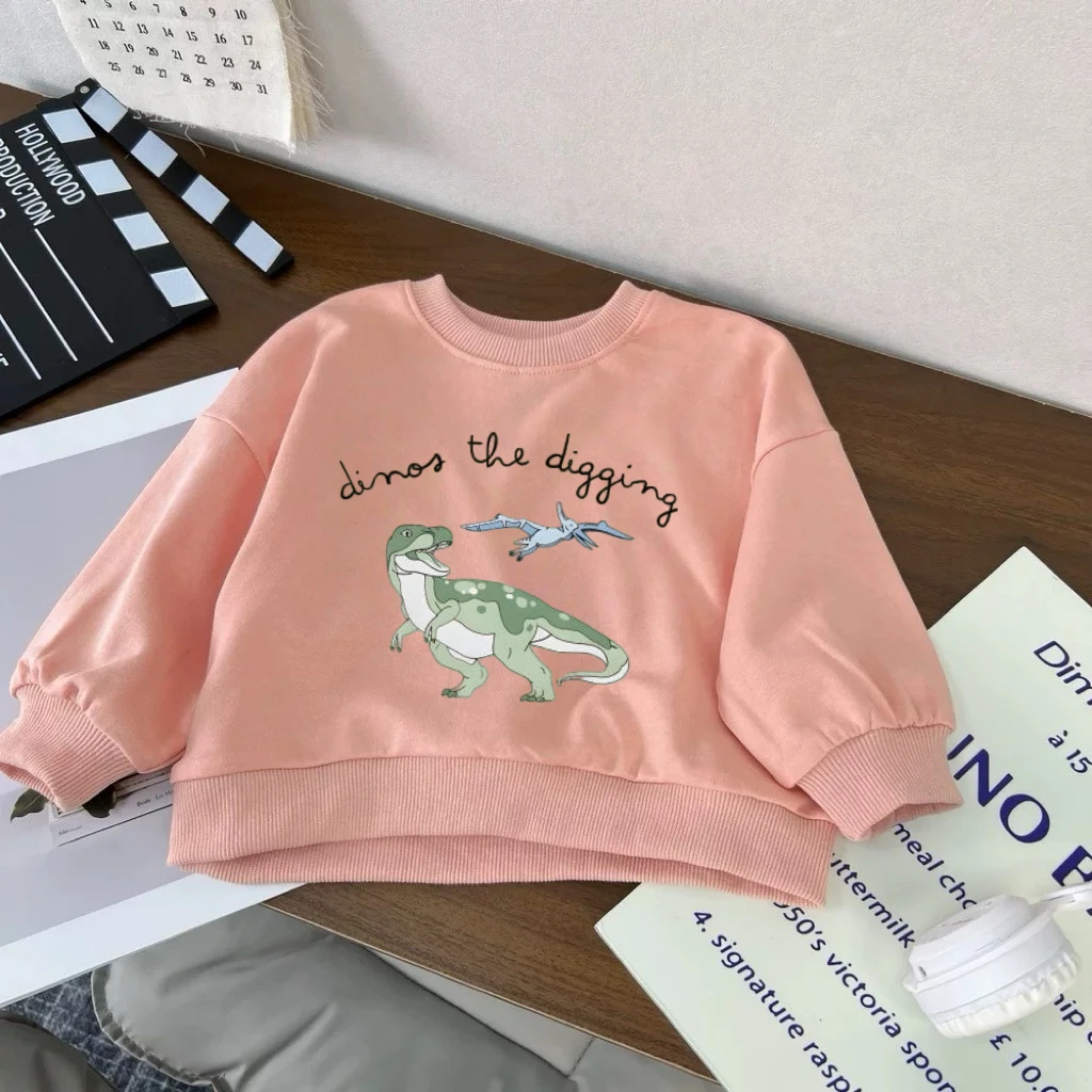 Cartoon Dinosaur Print Hoodies 2026 Spring Autumn Clothing Boys Girls Casual Sports Tops All-match Base Shirt Kids Long Sleeve