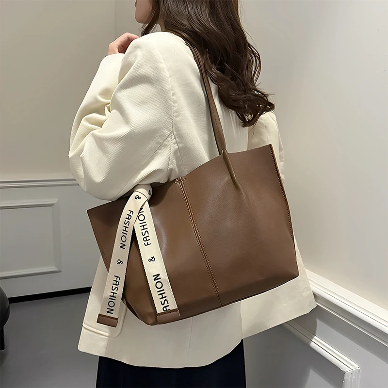 

Retro Fashion Soft PU Solid Color Women's Shoulder Bag Ribbon Deco Large Capacity Female Leisure Tote Bag For Commute Outings