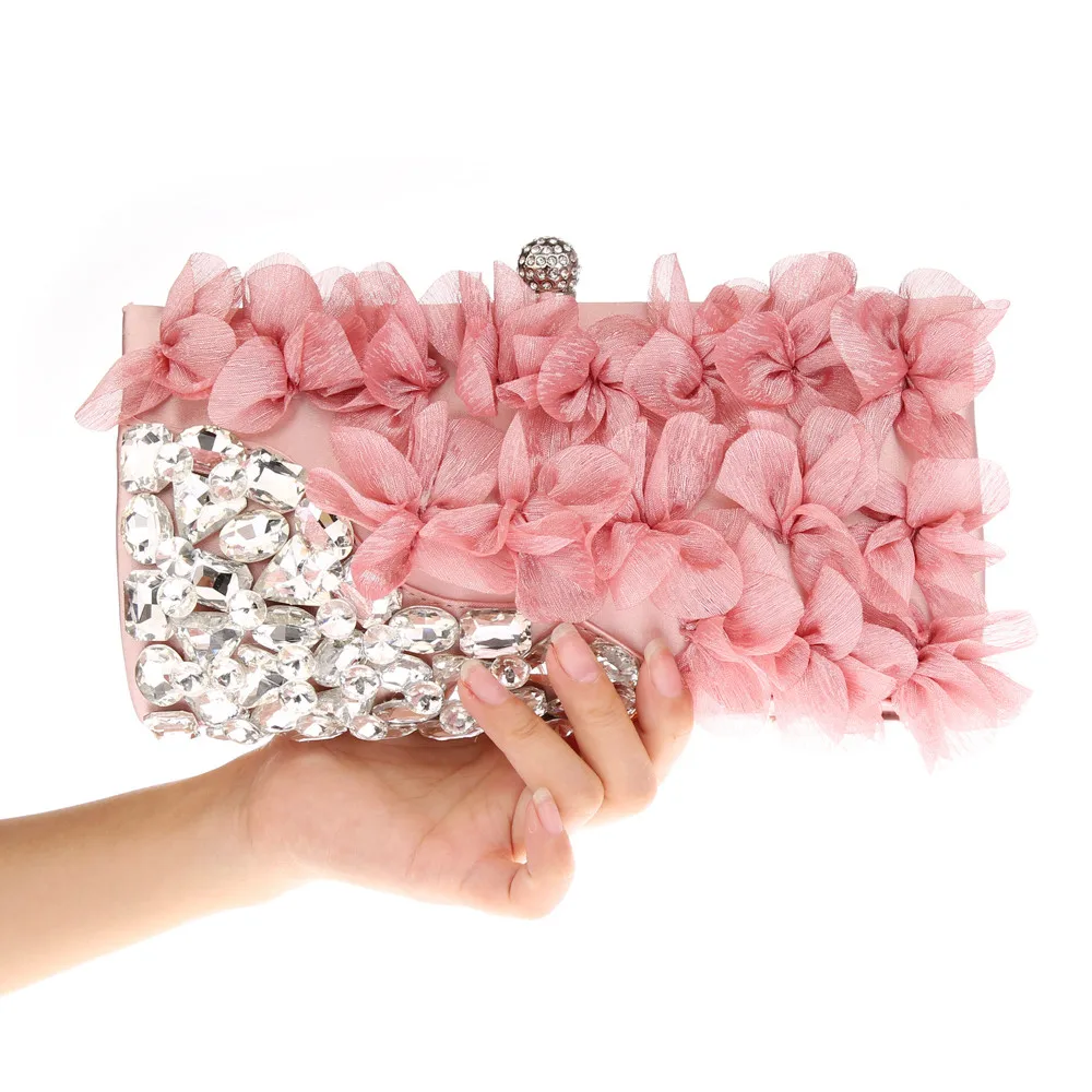 Elegant Women Crystal Bling Diamond Day Clutches Pink Flower Party Bridal Wedding Handbags and Purses Banquet Chain Evening Bags