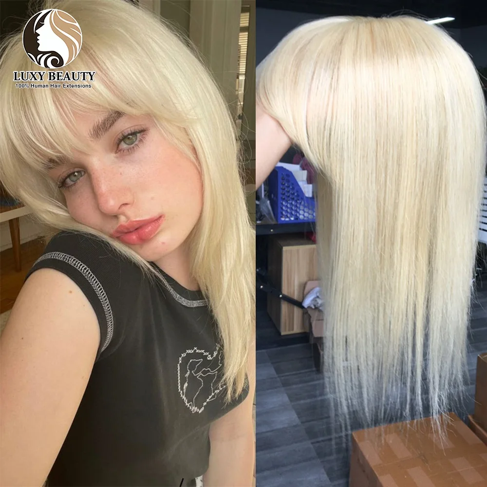 Topper blond avec frange pour femme, cheveux humains Remy, peau naturelle, clip de cuir chevelu, 10 po, 12 po, 14 po, 13x13cm