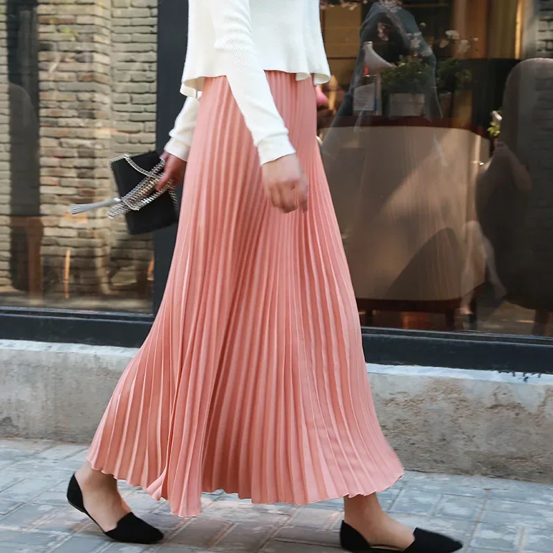 

Women Pleated Skirt Long Solid Color Spring Fall Chic Elastic Band High Waist A Line Midi Skirt Elegant Office Ladies Dress