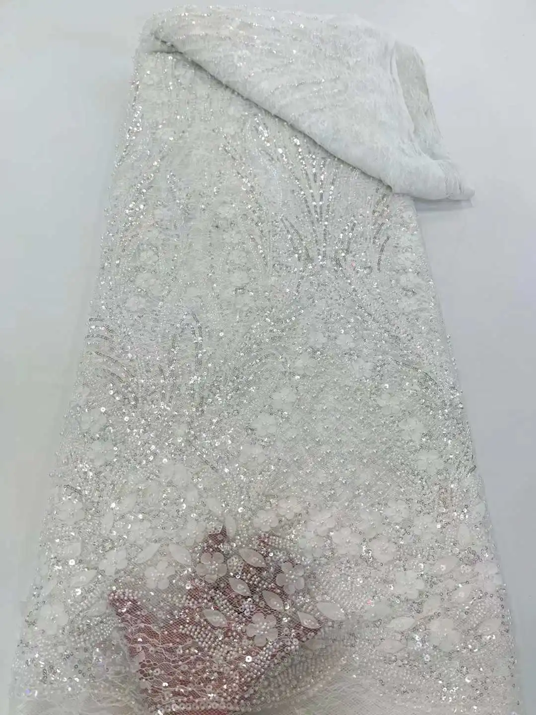 

Luxurious Nigerian African Beaded Lace Fabric High Quality Sequins Embroidery African French Lace Fabric For Sewing Dress