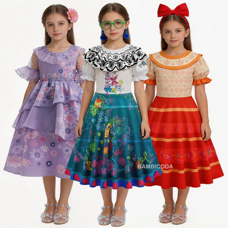 

2026 Mirabel Princess Dress For Girls Halloween Cosplay Encanto Costume Birthday Gift Party Dress With Bag Girls Evening Dress