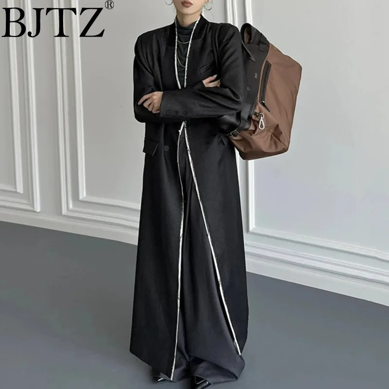 

BJTZ Loose Designer Long Trench Jacket For Women 2025 Spring New Trendy Fashion Contrast Color V-neck Temperament Windbreaker