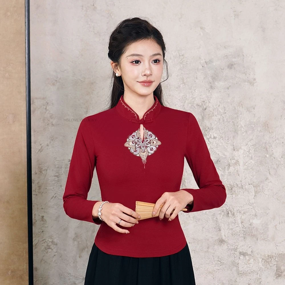 New Chinese Style National Wind Top New Autumn Winter Vintage Frog Button Modified Tang Suit Embroidery Long Sleeve Base Shirt