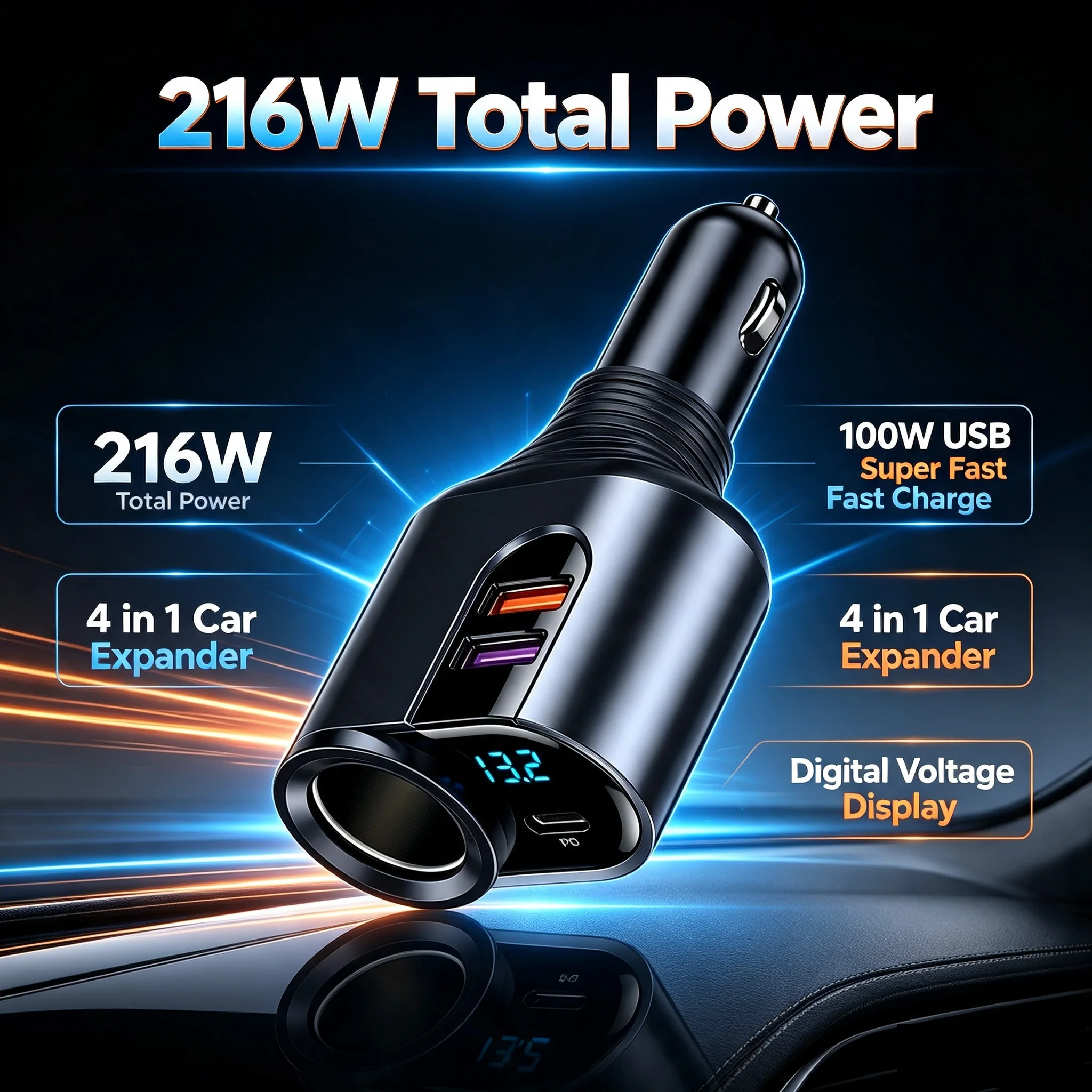 216W 4 IN 1 Car Power Splitter PD Fast Car Charger 100W USB Super Charge Digital Voltmeter 12V/24V Car Power Socket, Only For Po