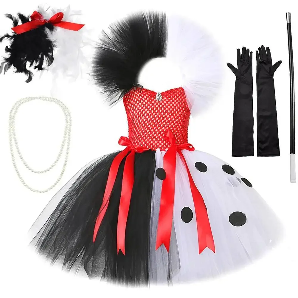 

Dalmatians Dog Costumes for Girls Black White Cruella De Vil Tutu Dress for Kids Halloween Outfit Child Spotted Dog Clothes 12Y