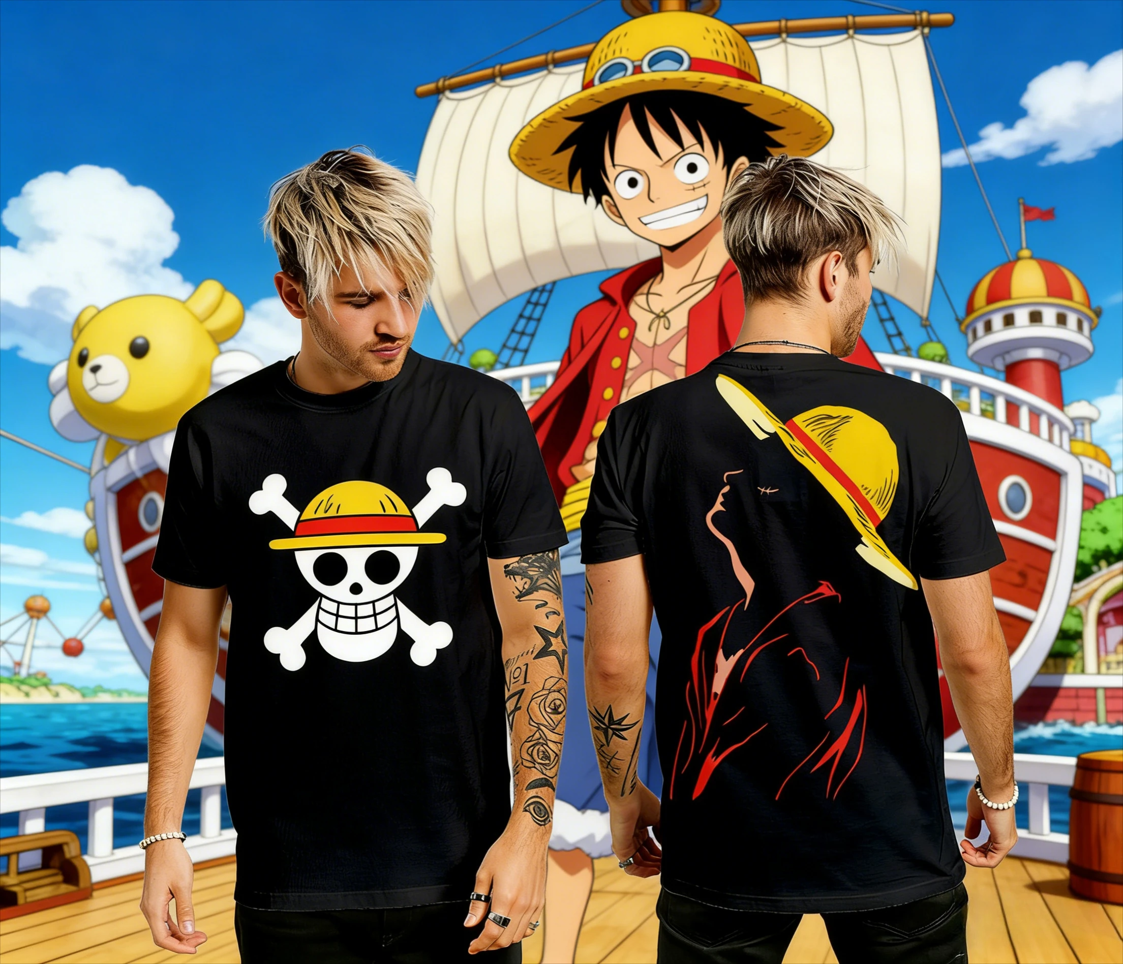 

Summer2026One Piece Lufei "Straw Hat Silhouette" Minimalist Trend Theme100%Cotton Print Oversized Loose T-shirt Adult Parent Top