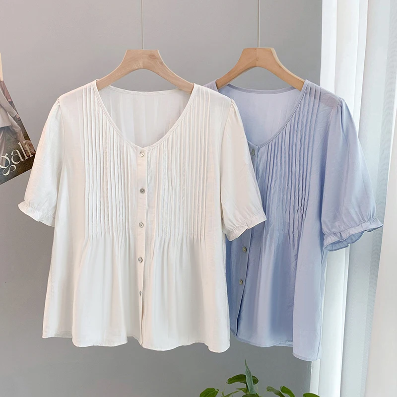 

Женские плиссированные спереди белые, синие хлопковые рубашки, блузки, элегантные офисные женские летние топы с v-образным вырезом на пуговицах и короткими рукавами в корейском стиле