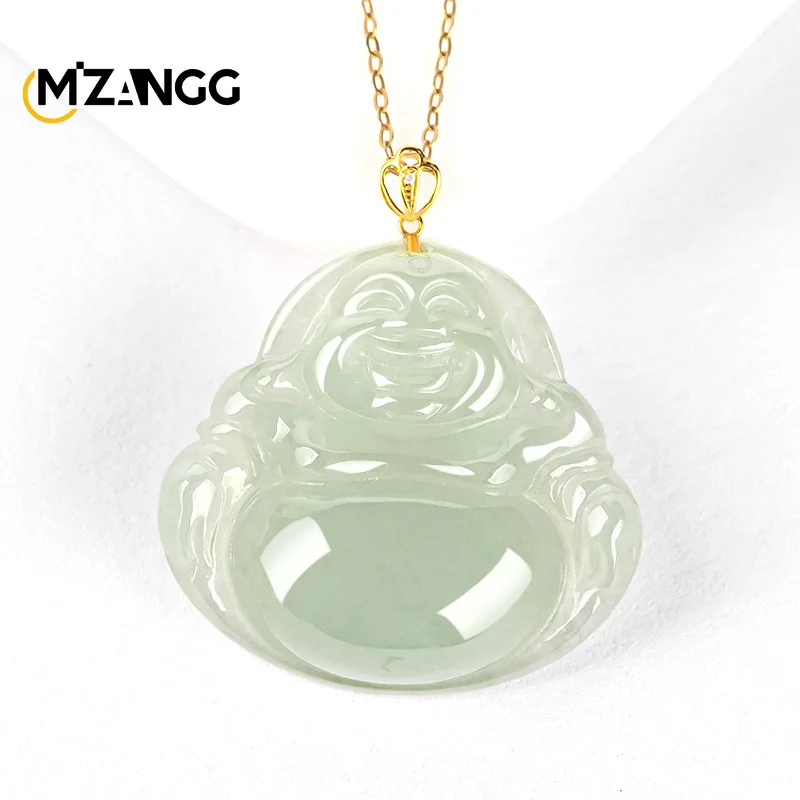 

Natural Myanmar Jadeite Maitreya Buddha Pendant 18K Gold Inlaid with Ice Jade Necklace Women's Collarbone Chain Holiday Gift