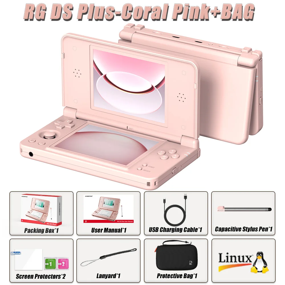 Anbernic RG DS Plus: draagbare retro-gameconsole met dubbel scherm, 4,3 inch IPS-scherm, RK3568-processor, Linux-besturingssysteem, 1 GB RAM, 16 GB TF-geheugen, WiFi, Bluetooth en een batterij van