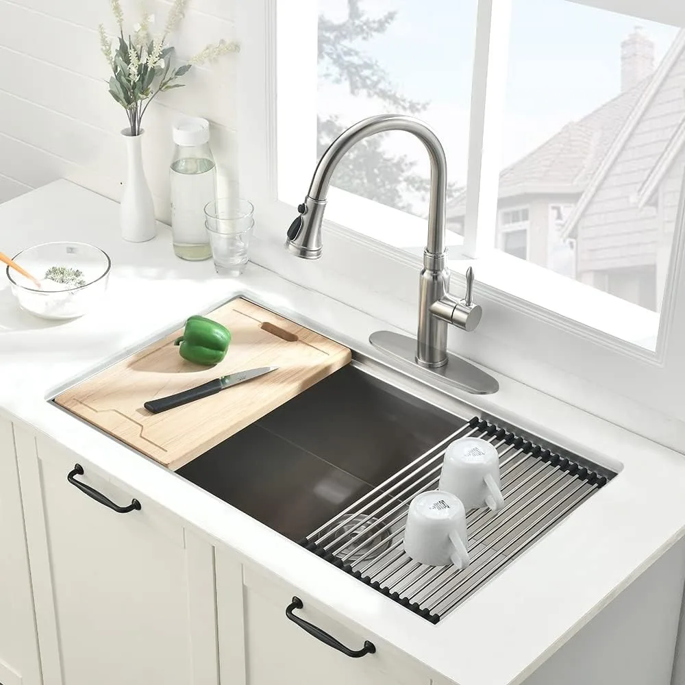 Wastafel dapur Undermount 30 inci baja tahan karat, BoomHoze 30x19 inci stasiun kerja Sink komersial 16 Gauge