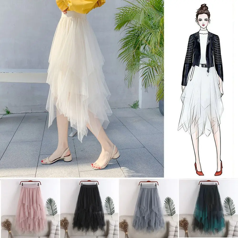 

Fashion Elastic Girls Women Layered Dress Half-Length Underskirt Pleated Longuette Mesh Tulle Skirt