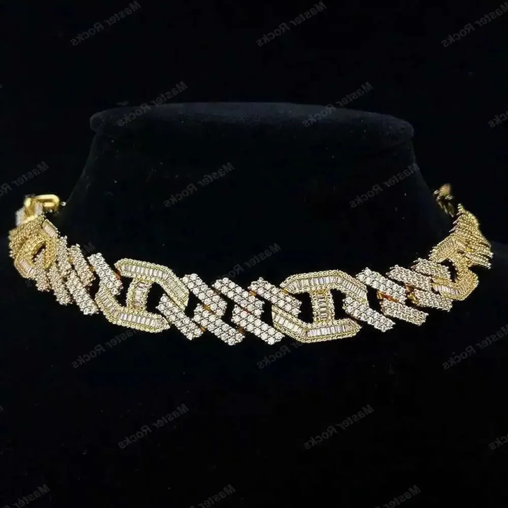 

Custom Hiphop Bussdown Vvs Moissanite Cuban Chain 15mm Sterling Silver Baguette Round Iced Out Cuban Link