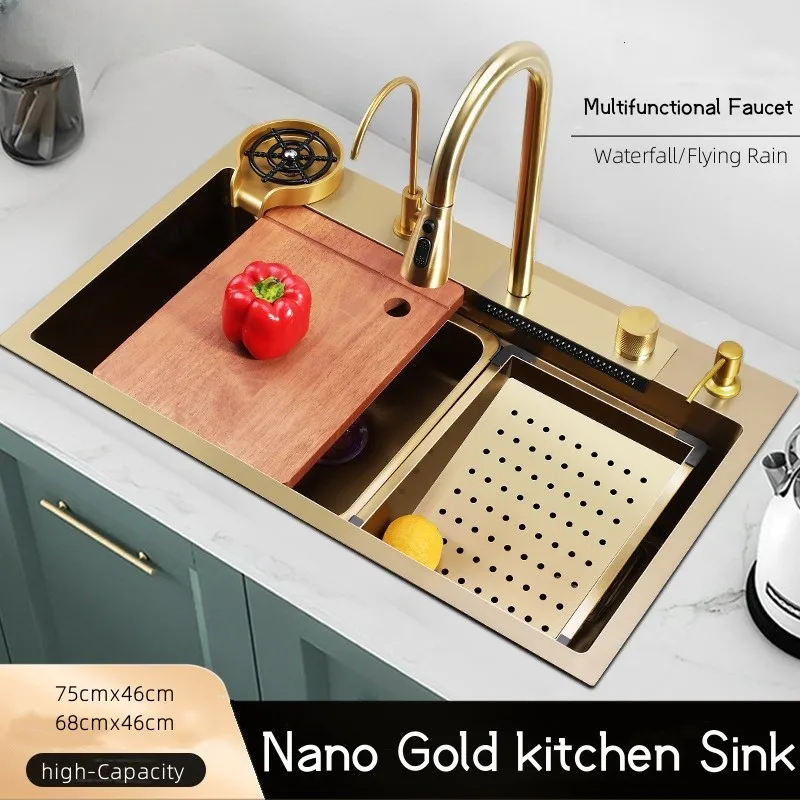 Gold 304 Stainless Steel kitchen Waterfall Sink,Vegetable Washing Basin,Large Single Slot,Middle And Lower Basin,Thickened