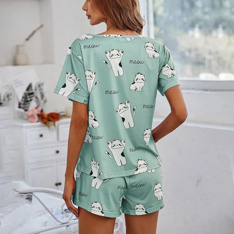 Women Pajamas Sets Short Sleeve Nightwear Top and Pants Sleepwear 2 Piece Pjs Loungewear Cartoon Print Pyjamas Set Nightwear