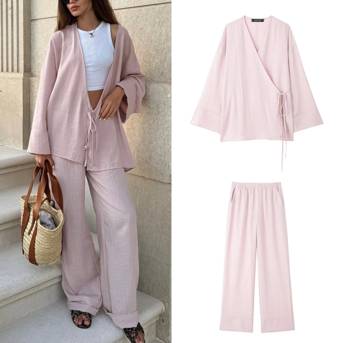 TRAF Linen Kimono Shirt Women Solid Color Tie Shirt Casual Straight Trousers Set Fashion Slit Shirt Women and Home Clothes 2024