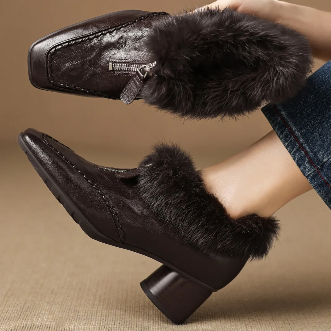 

danxuefei women's sheepskin rabbit fur patchwork square toe front zip short plush inside winter warm pumps 5cm round heels shoes