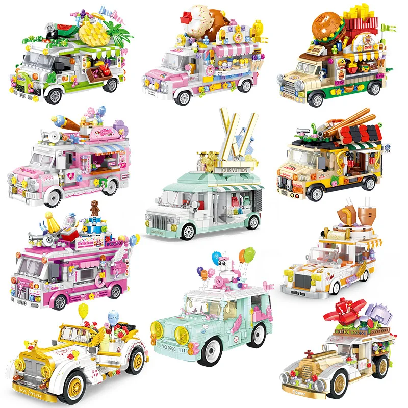 

New Creative Mini Food Street View Hamburg Car/Sweet Truck/Cake Car/Sushi Cart 3D Model Kit Building Blocks Brick Toys for Girls