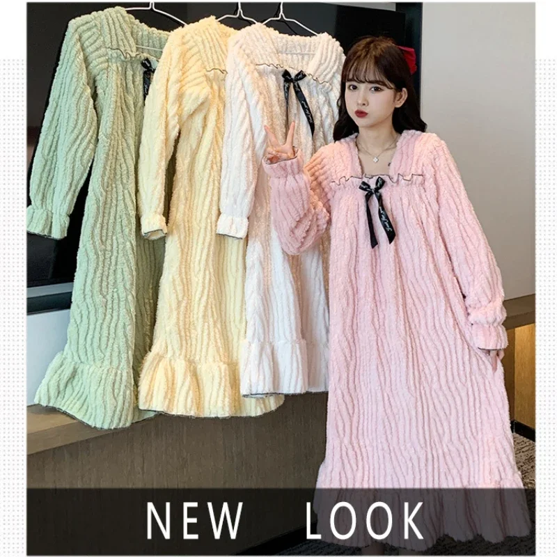 Large Size Winter Coral Velvet Sleep Dress Women Jacquard Fleece-lined Thickened Long Sleeve Flannel Nightgown Korean Sleepshirt