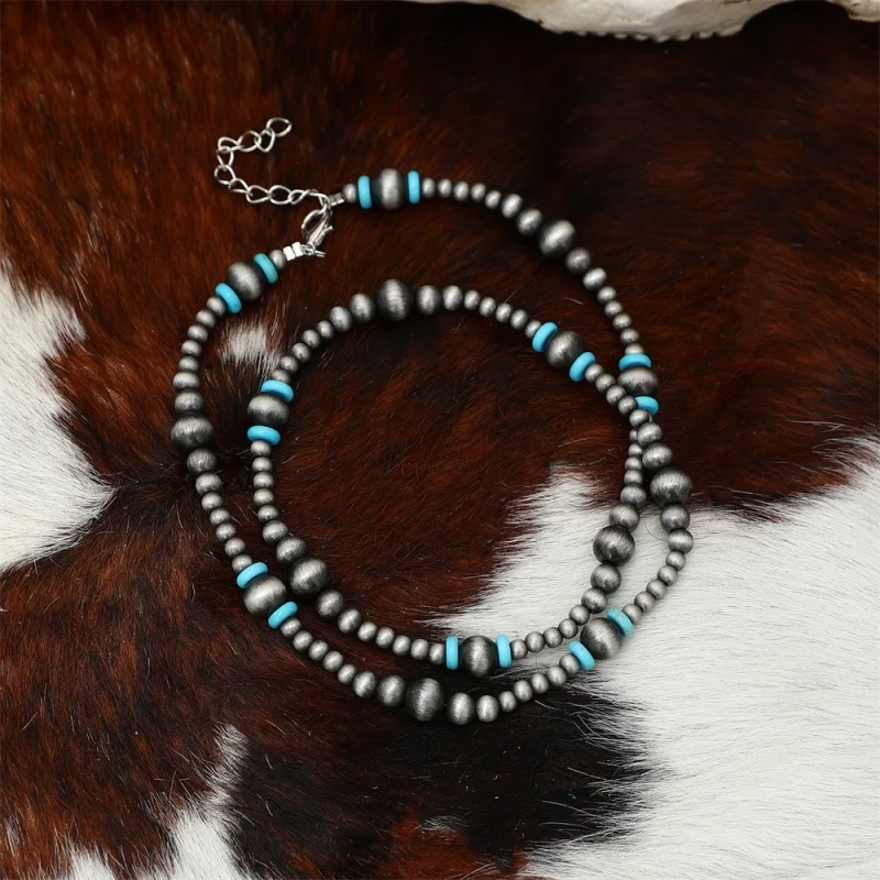 1 Pc Western Cowboy Style Turquoise Inlay & Navajo Pearl Beaded Necklace Suitable for Women's Daily Wear