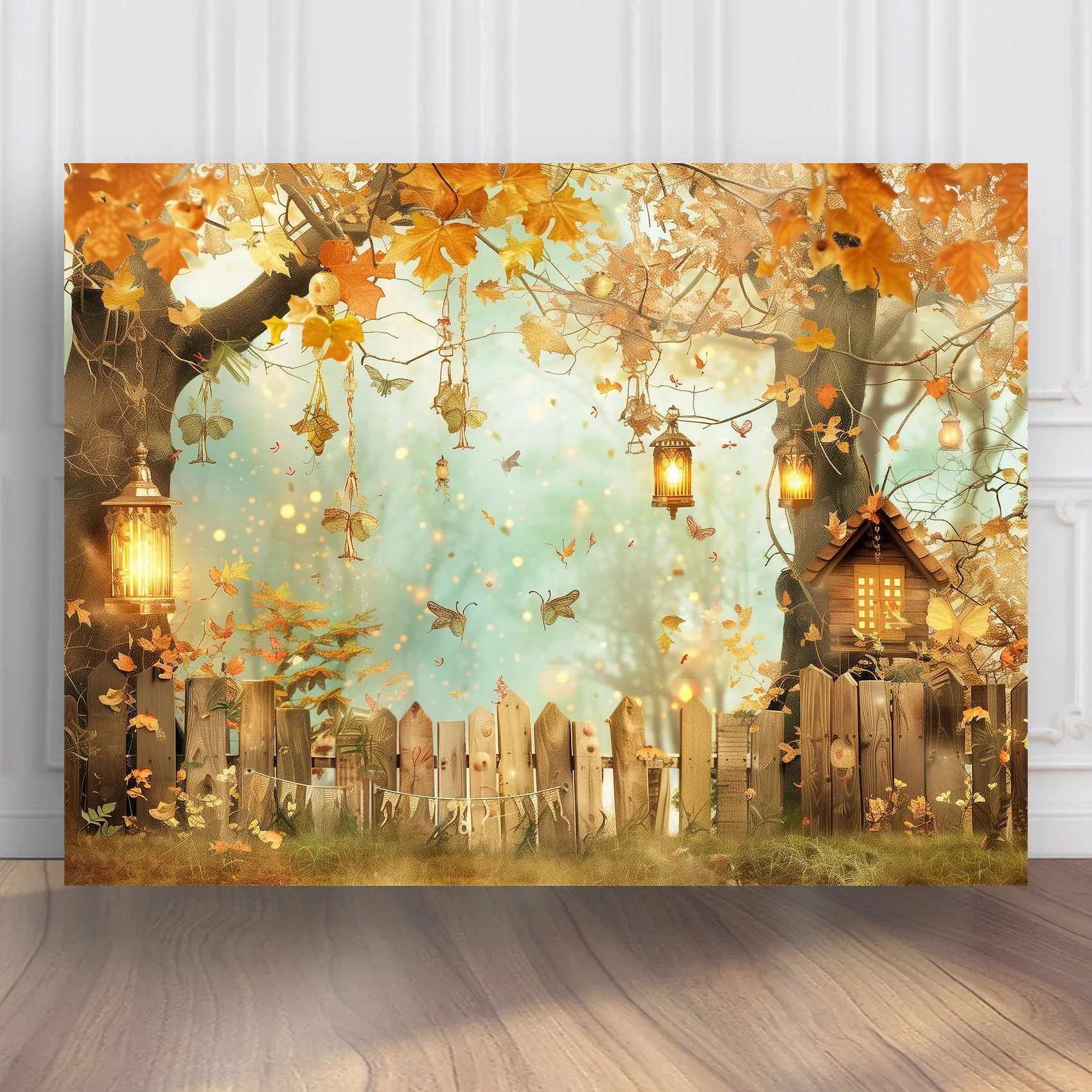 

Whimsical Autumn Forest with Trees Adorned in Gold Photography Backdrop for Thanksgiving Party Decoration Props BG-1638