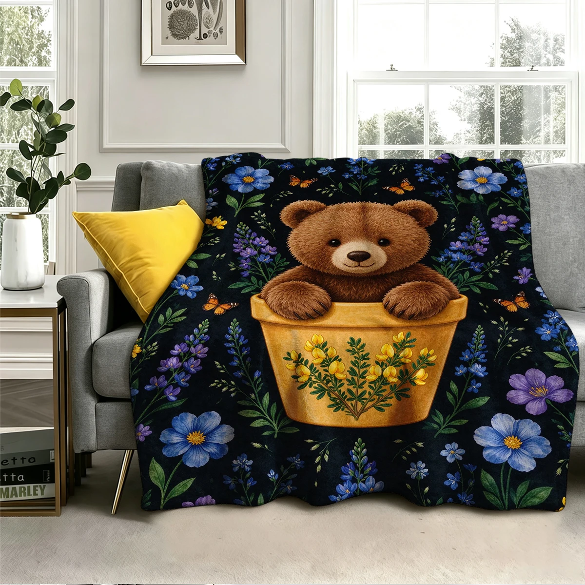Brown Bear Broom Pot Floral Flannel Blanket Warm Soft Halloween Christmas Decorative Couch Warm Cozy All-Season Gift