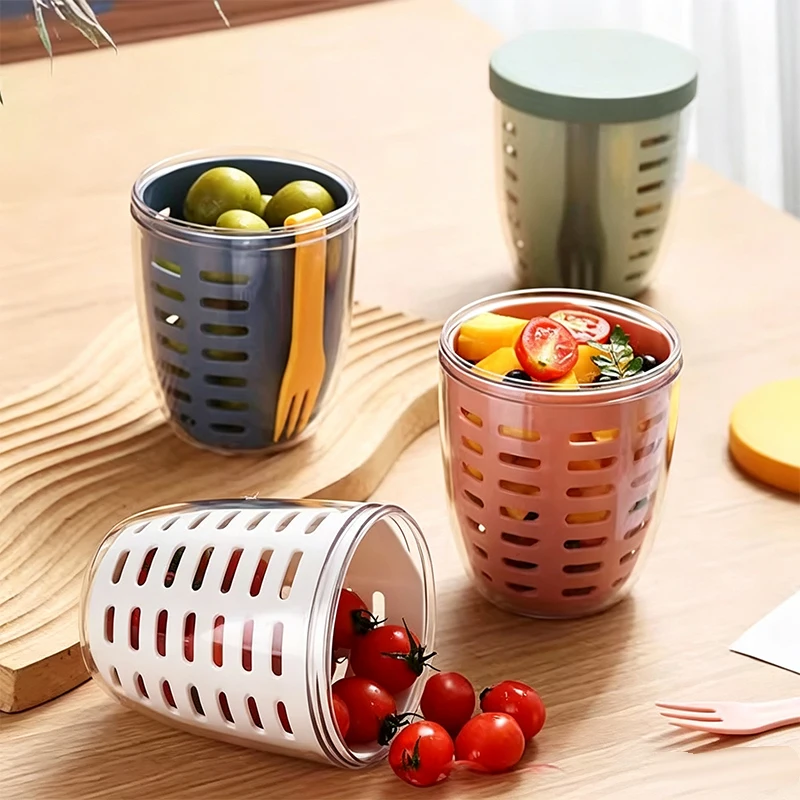 Double-Layer Draining Cup with Fork, Portable Breakfast Salad Cup, Food-Grade Leak-Proof Yogurt Cup, Oatmeal Cup, Fruit Cup, Inc