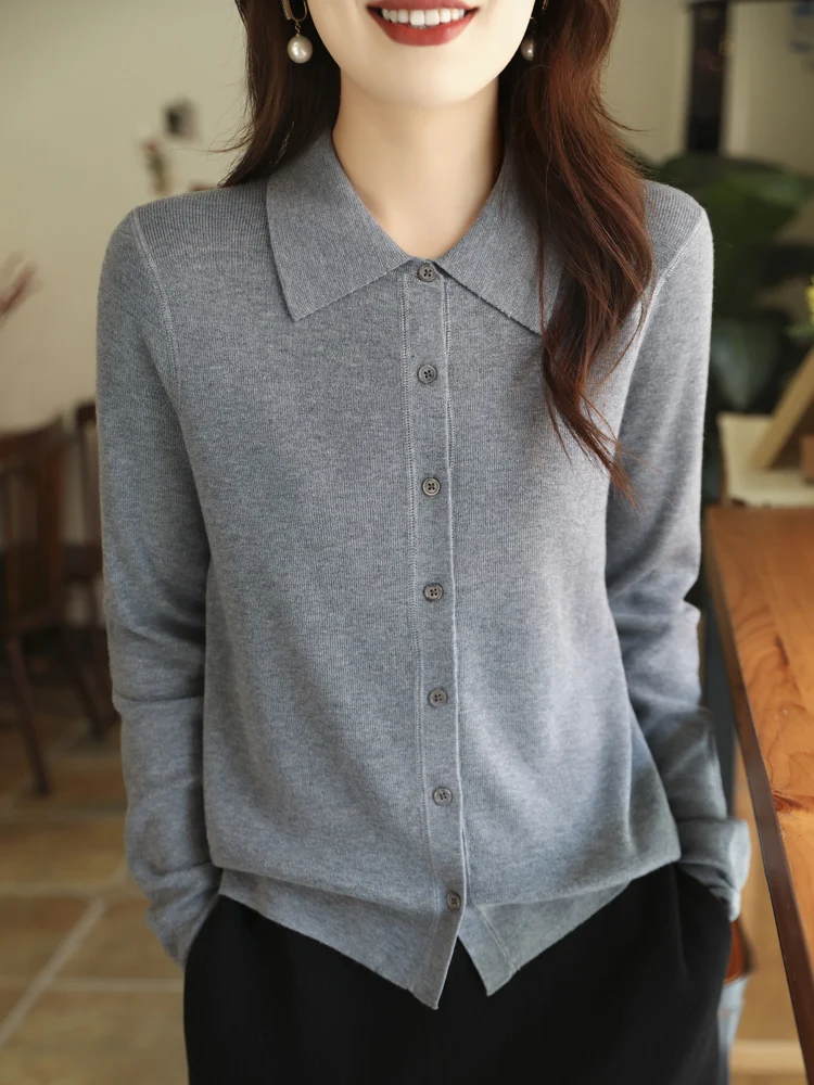 

Women's Lapel Polo Collar Cardigan, Long Sleeve Knit Top, Single Breasted Sweater, Elegant Casual Blouses, Fall, Winter