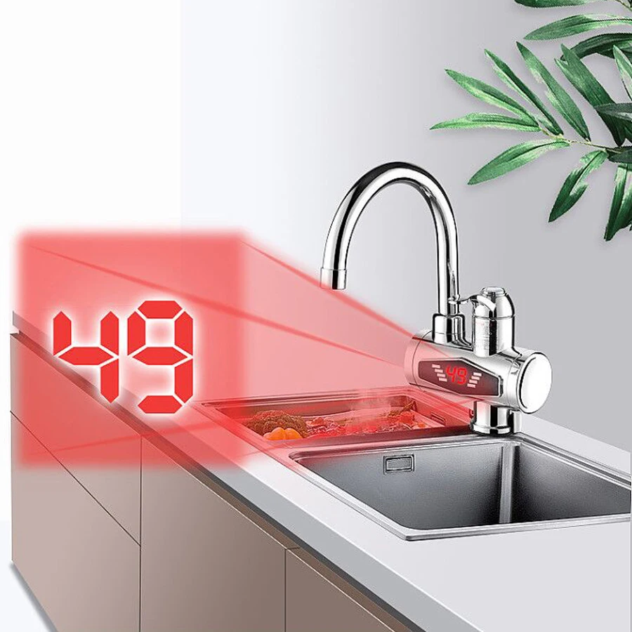 Stainless Steel Electric Water Heater LED Temperature Display Kitchen Tankless Instant Hot Water Faucet 3000W 220V EU