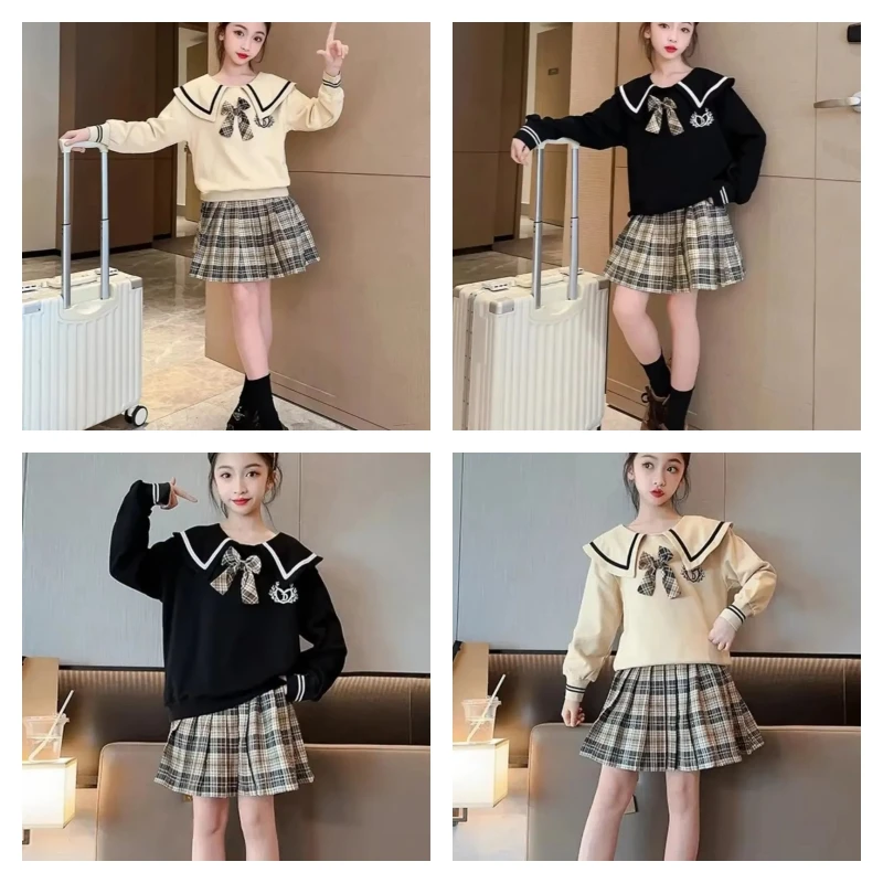 

Kawaii модная юбка-пуловер для девочек, студенческая осенняя повседневная топы с матросским воротником, плиссированная юбка, комплект из 2 предметов, детская одежда, новинка