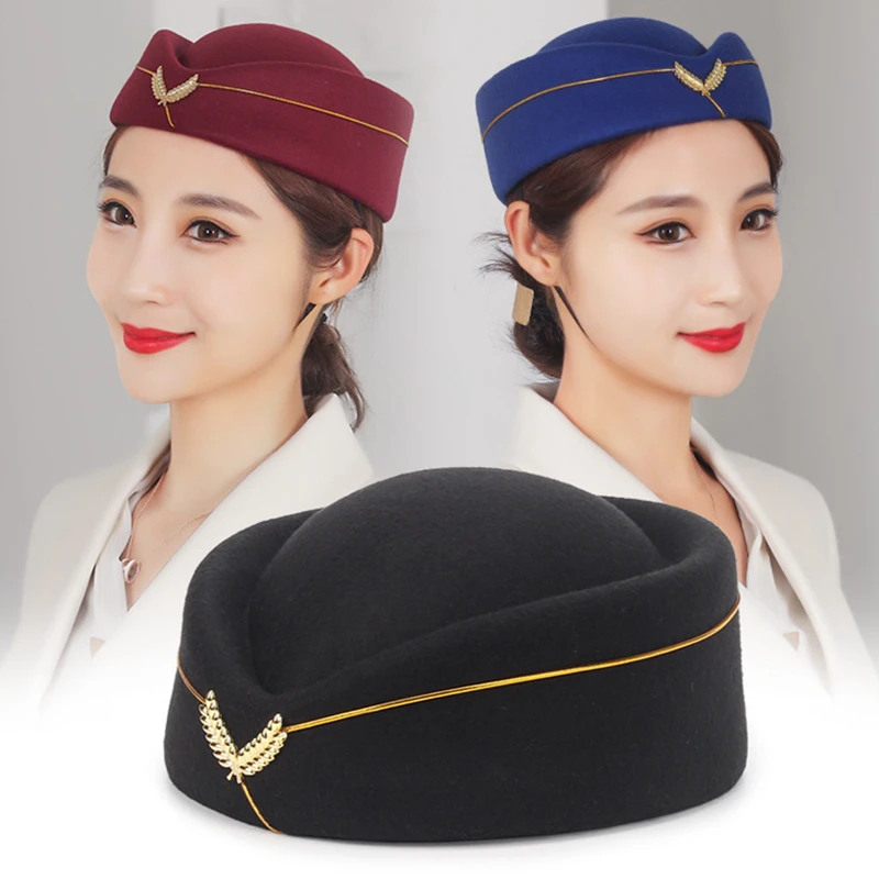 Halloween Party Cosplay Cap Wool Felt Air Hostesses Beret Hat Base Cap Airline Stewardess Sexy Formal Uniform Hat Caps Roll play