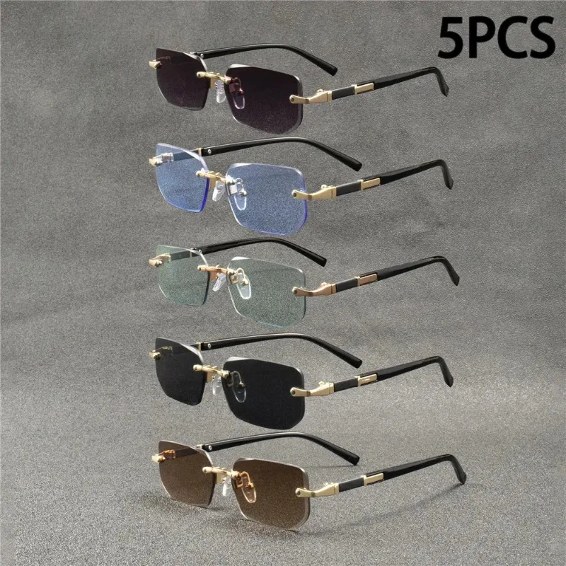 5PCS Rimless Sunglasses Rectangle Fashion Popular Women Men Shades Small Square Sun Glasses  For Female male Summer Traveling