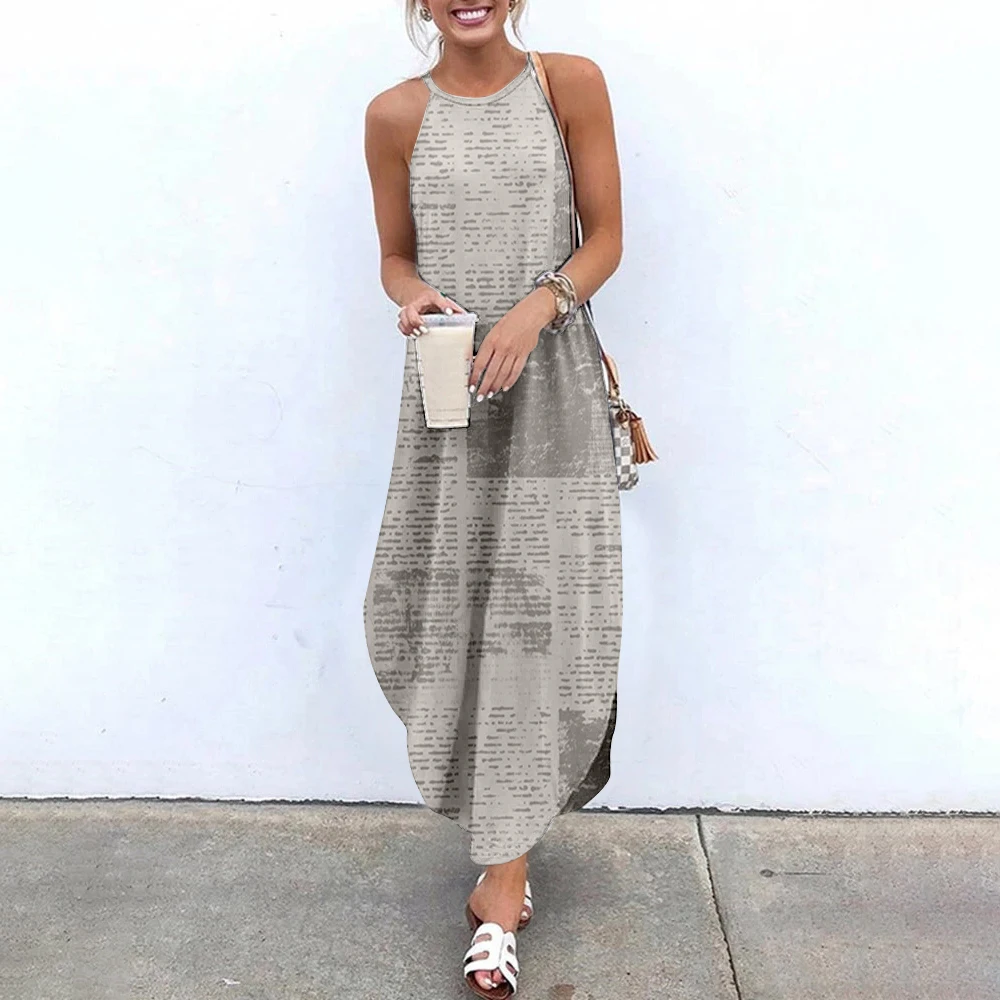 

Maxi Dresses For Women Newspaper Printed Sleeveless Women Causal Summer Beach Dress SOJINM Sling Long Dresses Streetwear