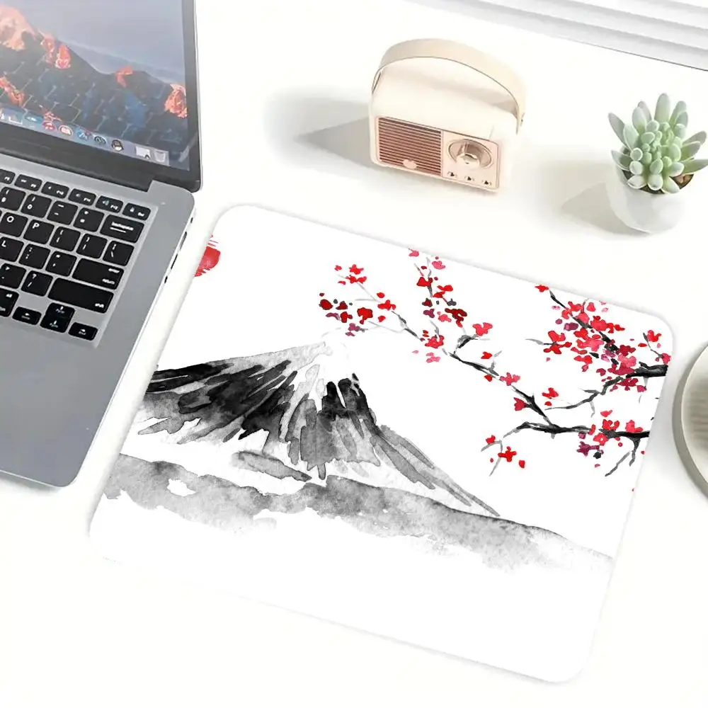 

Japanese ink landscape mouse pad, Mount Fuji cherry blossom elements, non-slip office game universal table mat