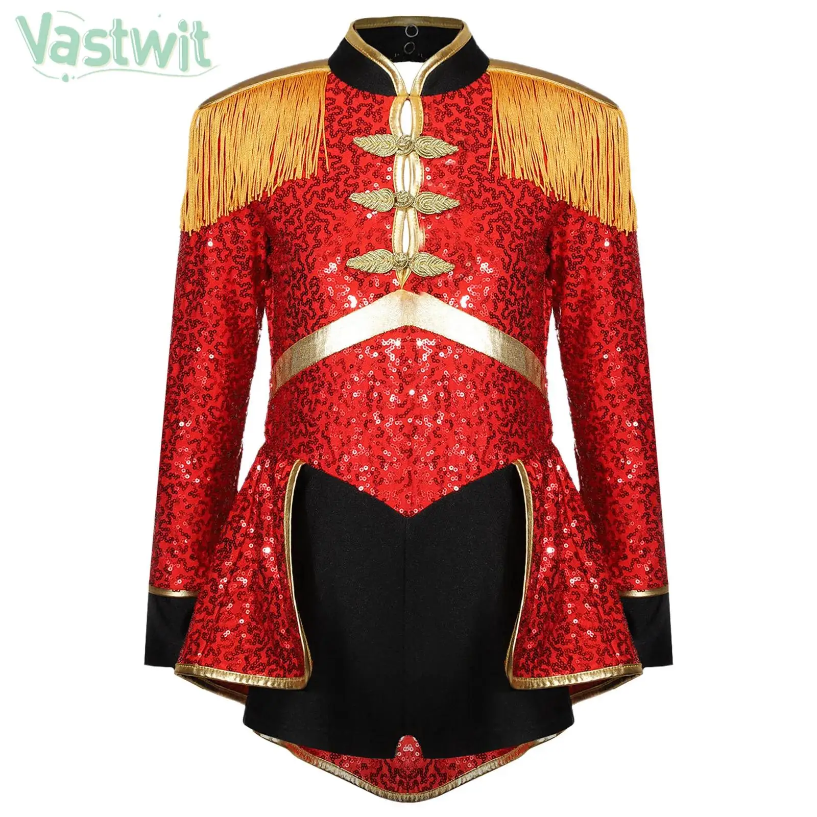 

6-16Y Girls Halloween Circus Ringmaster Cosplay Costume Magician Tuxedo Drum Band Parade Uniform Long Sleeve Sequin Bodysuit