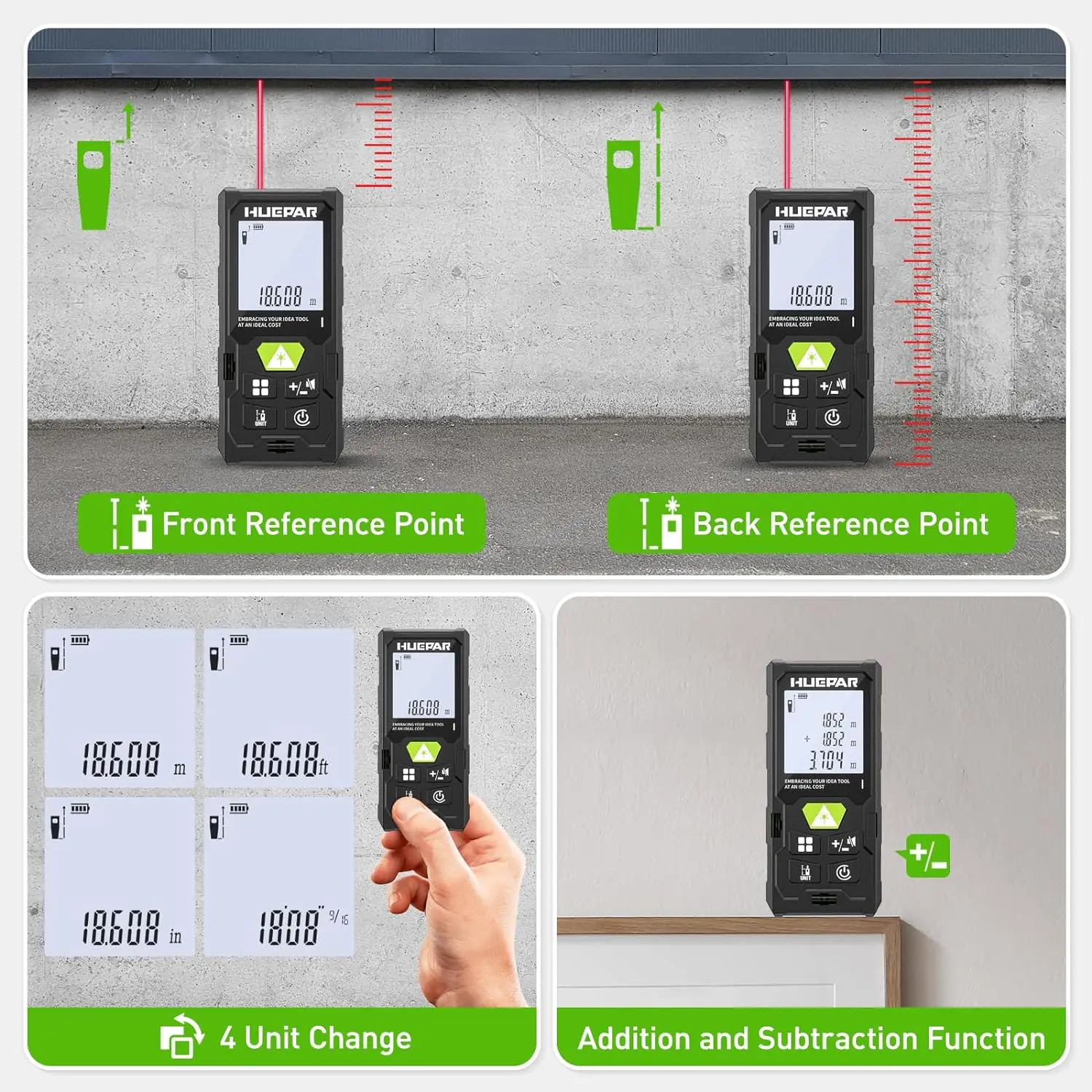 Huepar Laser Distance Meter DM 50m-120m Laser Rangefinder with One Bubble Level and Backlit LCD M/in/Ft/Ft+in Unit Switching