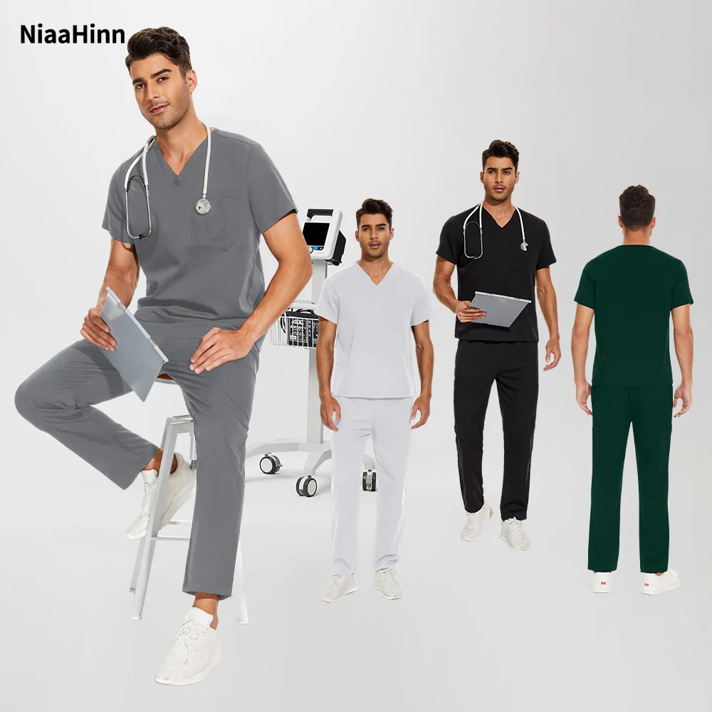 

Niaahinn Dentist Work Clothes Men Summer Medical Uniform Pet Clinic Grooming Utility Pocket Work Clothes Doctor Surgery Uniforms