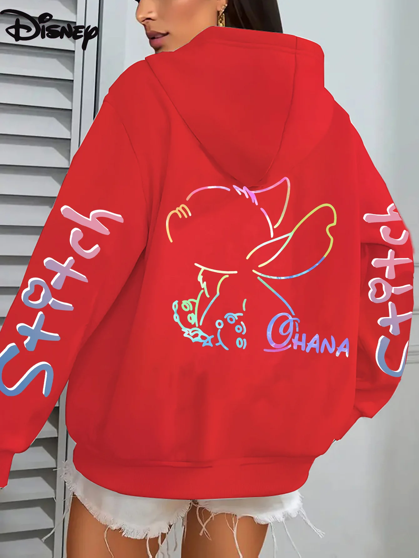 유니섹스 디즈니 릴로 스티치 코튼 플리스 후디 블랙, 컬러풀한 만화 외계인 윤곽선 백 프린트 및 소매 텍스트 디자인