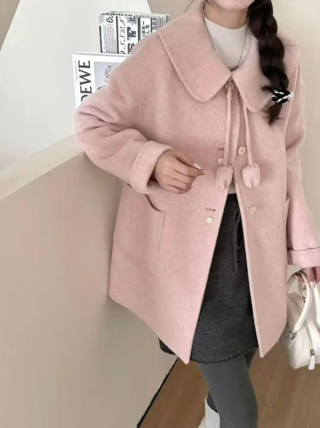 

Зимний новый продукт, женское элитное свободное модное и повседневное универсальное однобортное длинное шерстяное пальто с отложным воротником, женское