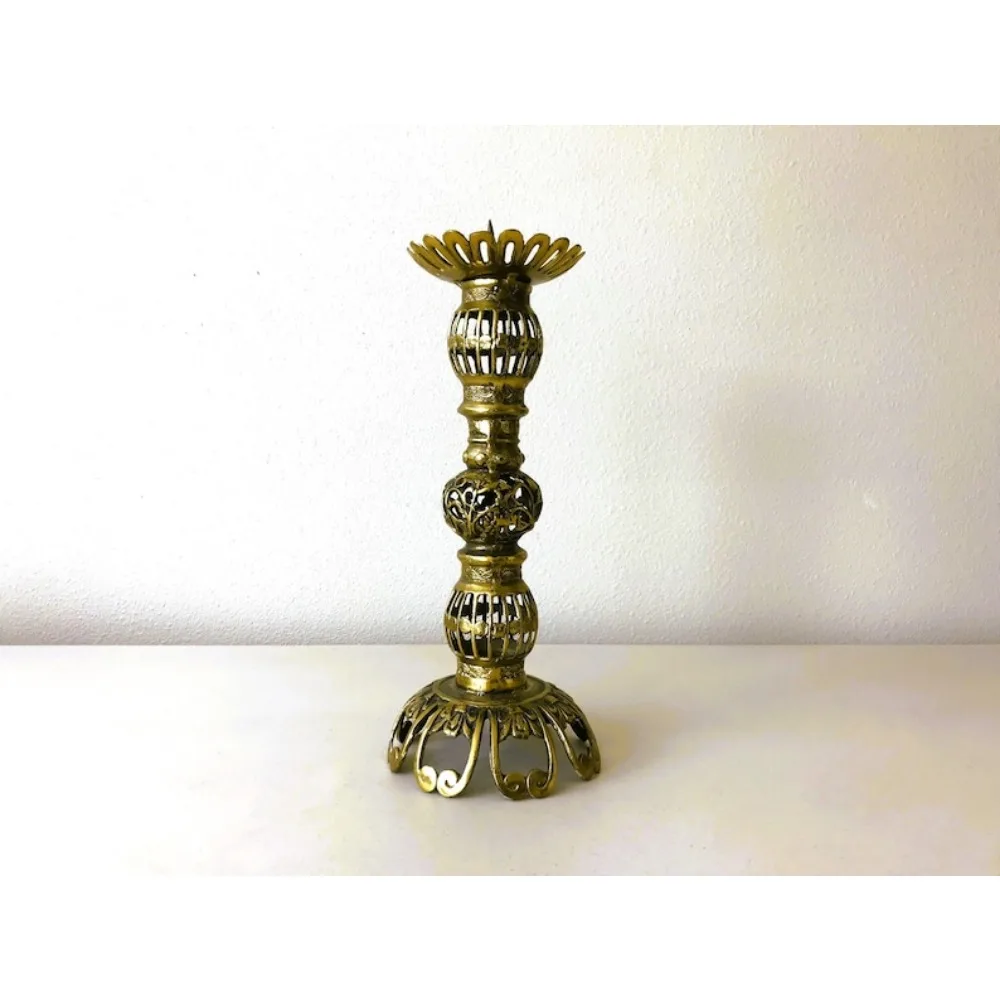 

Candle Holder, 14" Tall Brass Ornate Filigree Carved Openwork Pillar Candle Holder Candlestick