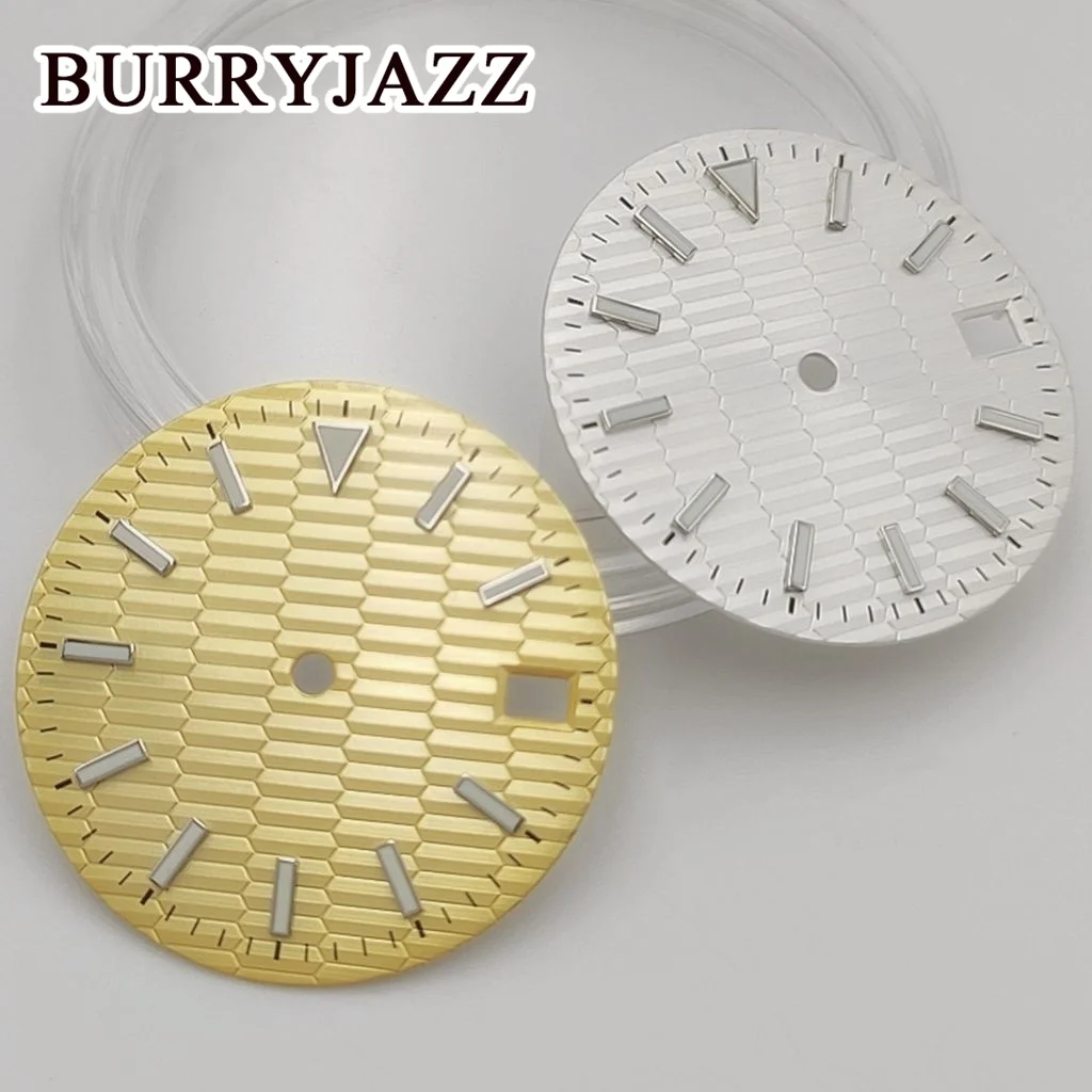 BURRYJAZZ 28.5mm No Logo NH35 Watch Dials Silver Gold Dial Green Luminous Fit 3 O'clock 3.8 O'clock Case Crown