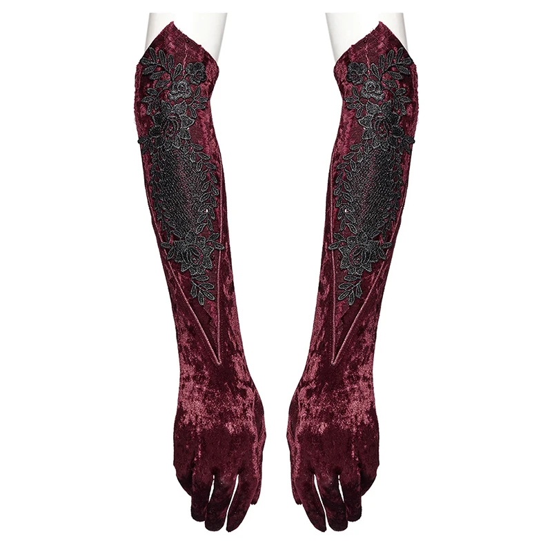 PUNK RAVE Women's Goth Retro Embroidered Velvet Gloves Exquisite Bright Silk Webbings Romantic Mysterious Warmers Accessories
