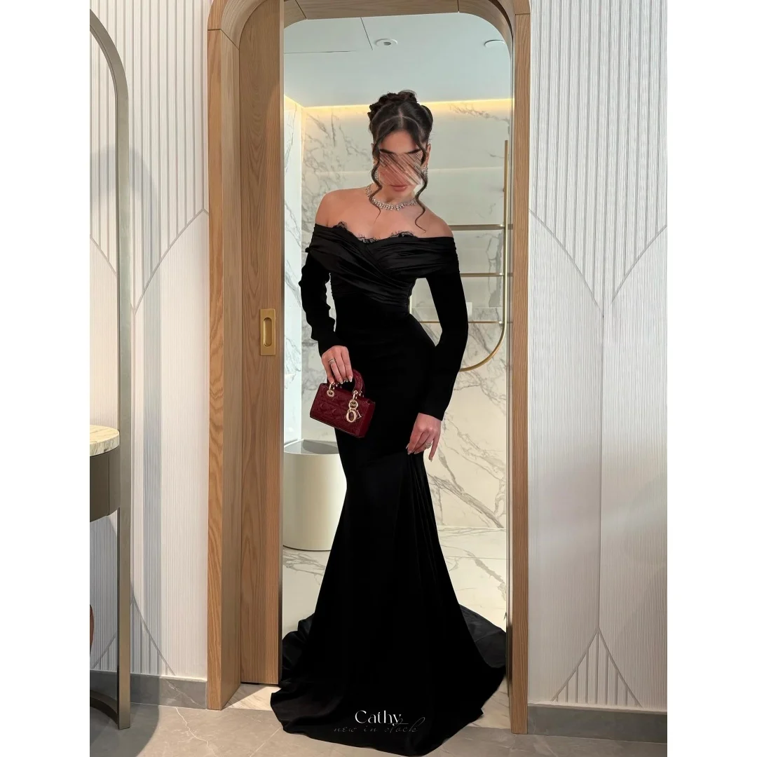 

Вечернее платье Cathy 2025: черное, с открытыми плечами, длинными рукавами, силуэт «русалка», застежка-молния сзади, шлейф, для выпускного вечера/свадьбы