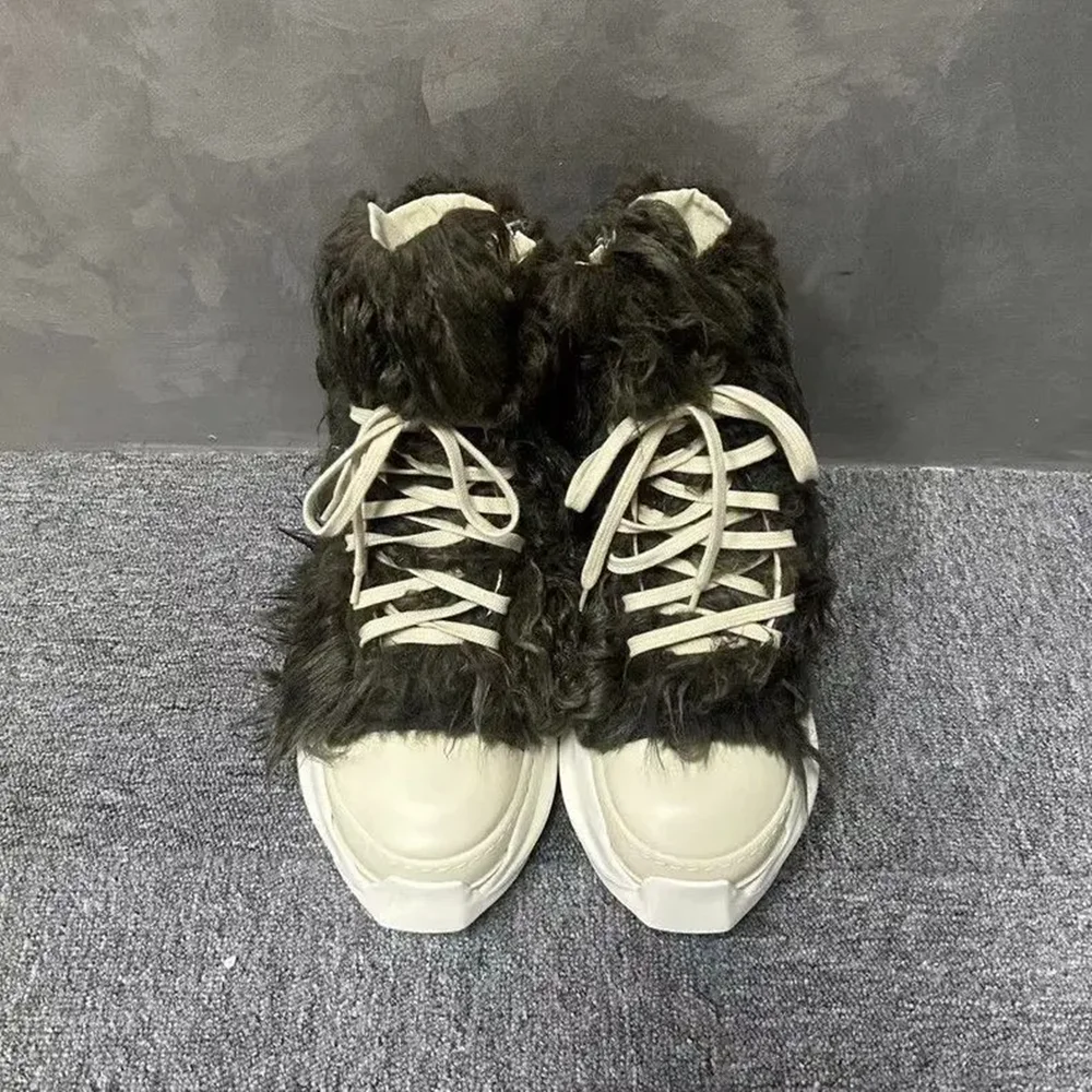

Fashion Custom Brown Curly Faux Fur High-Top Sneakers Cream Laces & Sole Side Zipper Design Casual Looks Urban Outfits