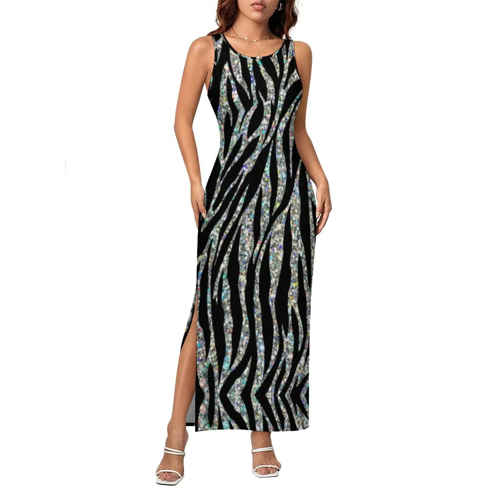 Abito aderente con zebra glitterato Abito estivo con stampa animalier astratta Abiti maxi casual Donna senza maniche Y2K Abito alla moda Taglia grande 3XL 4XL