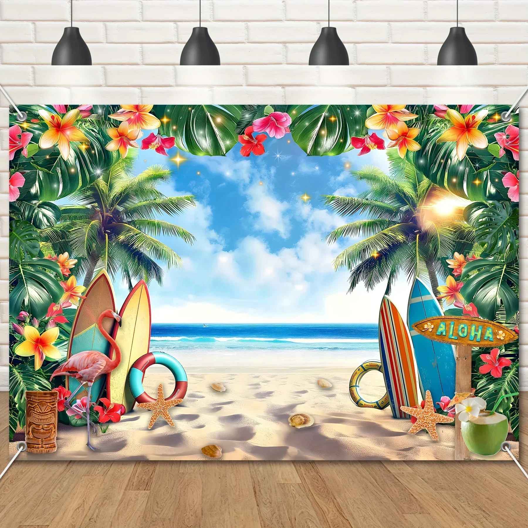 Sommer hawaiian ischen Strand Ozean, tropische Palme Hintergrund Tapisserie, Flamingo Blume Surfbrett