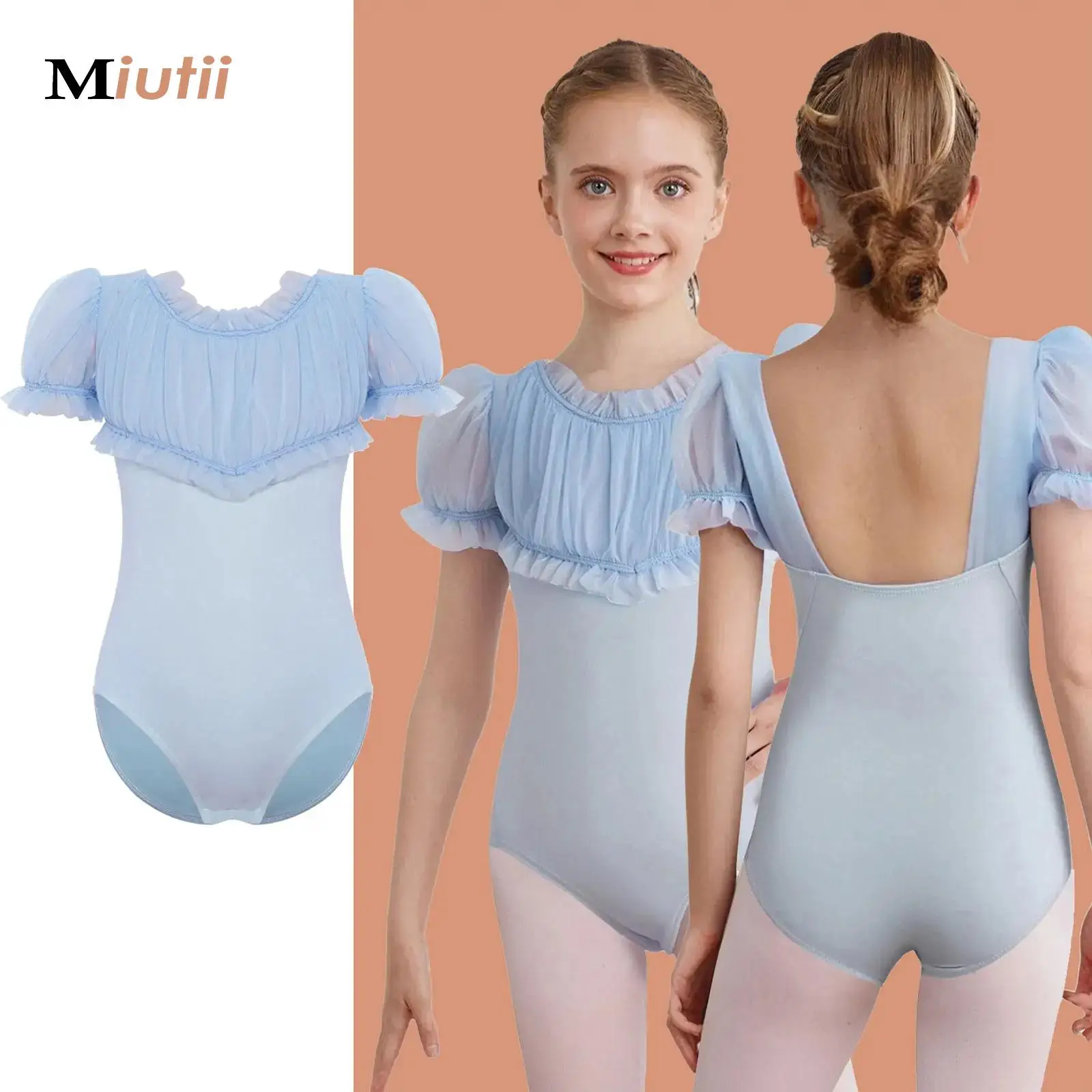 

Детские гимнастические трико для девочек, сетчатый комбинезон с рюшами и короткими пышными рукавами, боди для балета и танцев, комбинезон для фигурного катания на коньках, тренировочный костюм